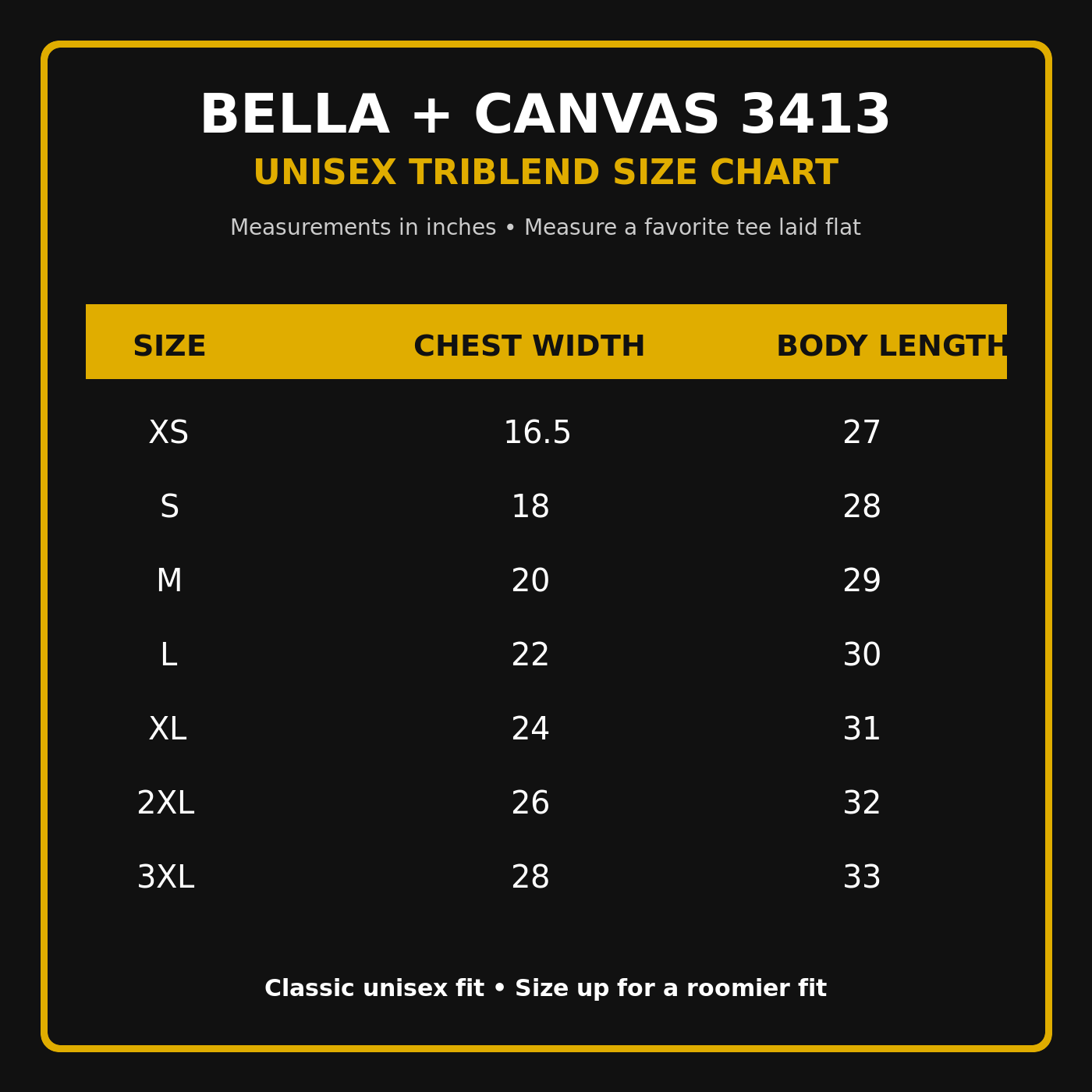 Bella Canvas 3413 unisex triblend tee size chart