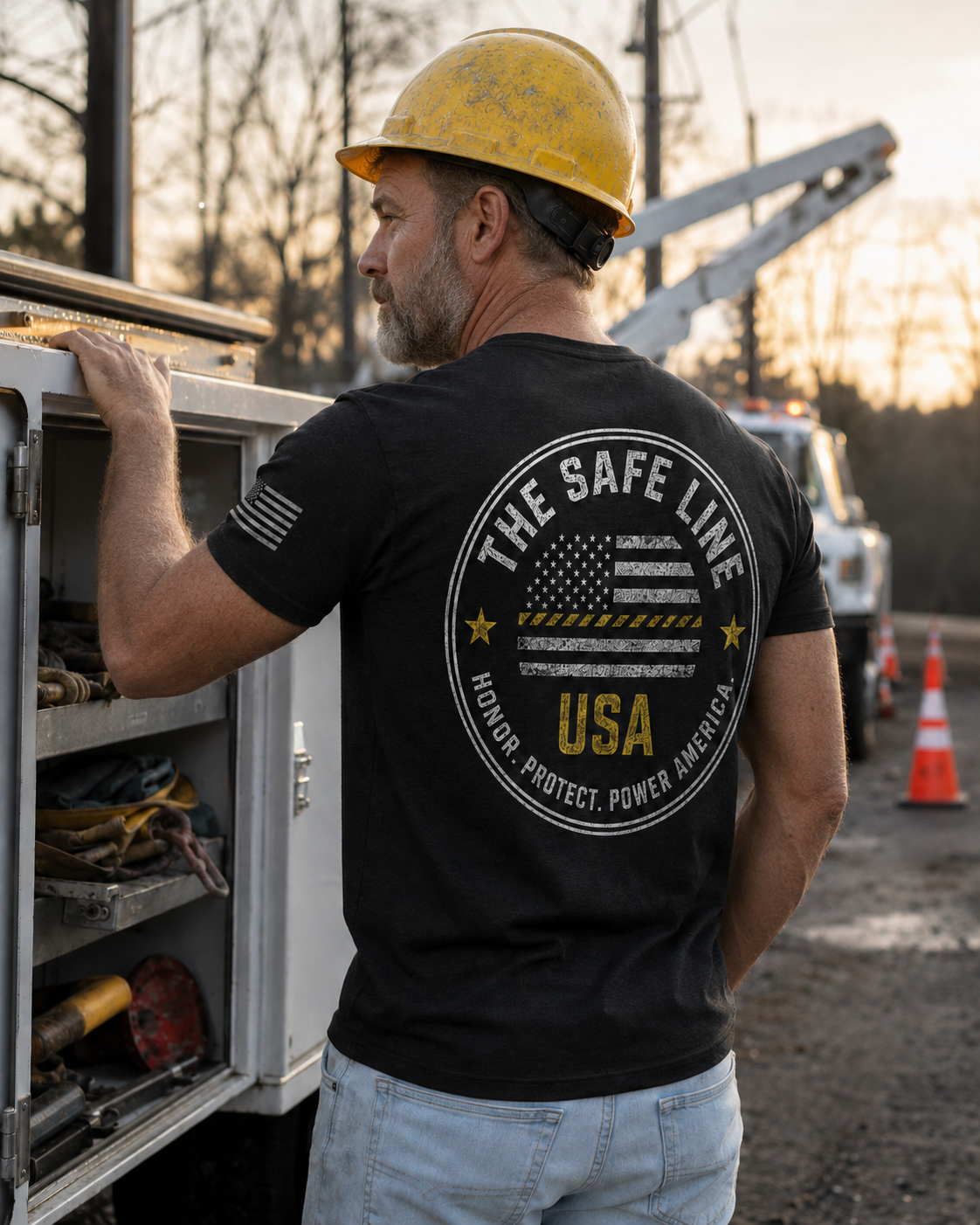 Seasoned utility worker wearing The Safe Line USA Industry Tee beside a service truck