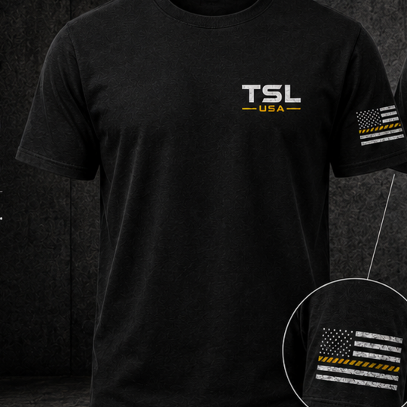 The Industry Tee front and sleeve view in black