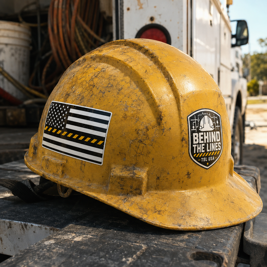 The Safe Line Flag decal applied to a worn yellow utility hard hat