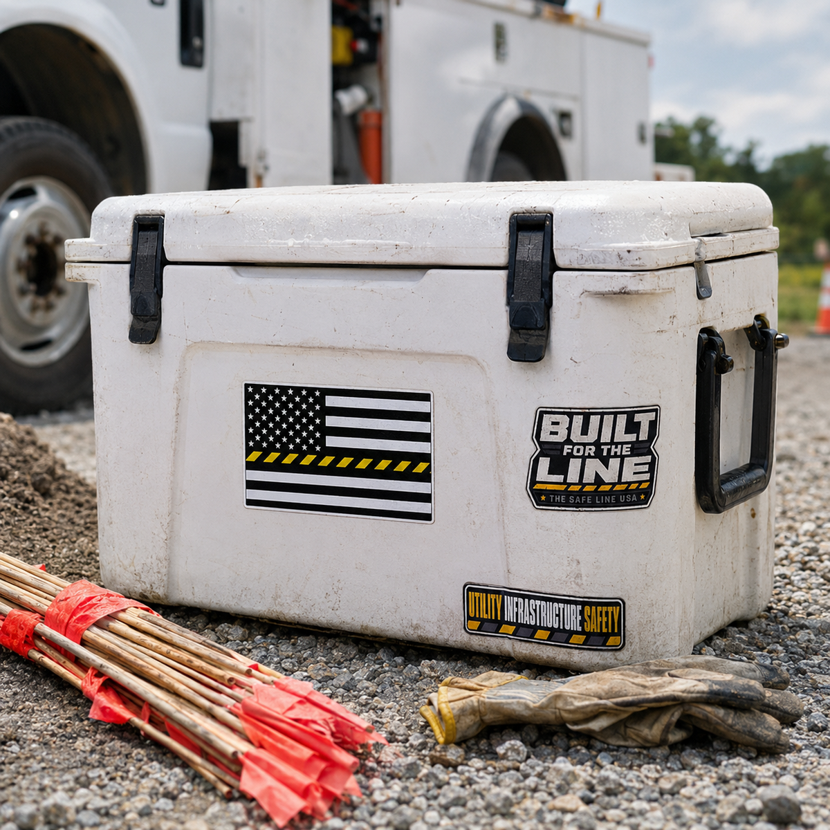 The Safe Line USA decal pack applied to a rugged white jobsite cooler beside a utility truck