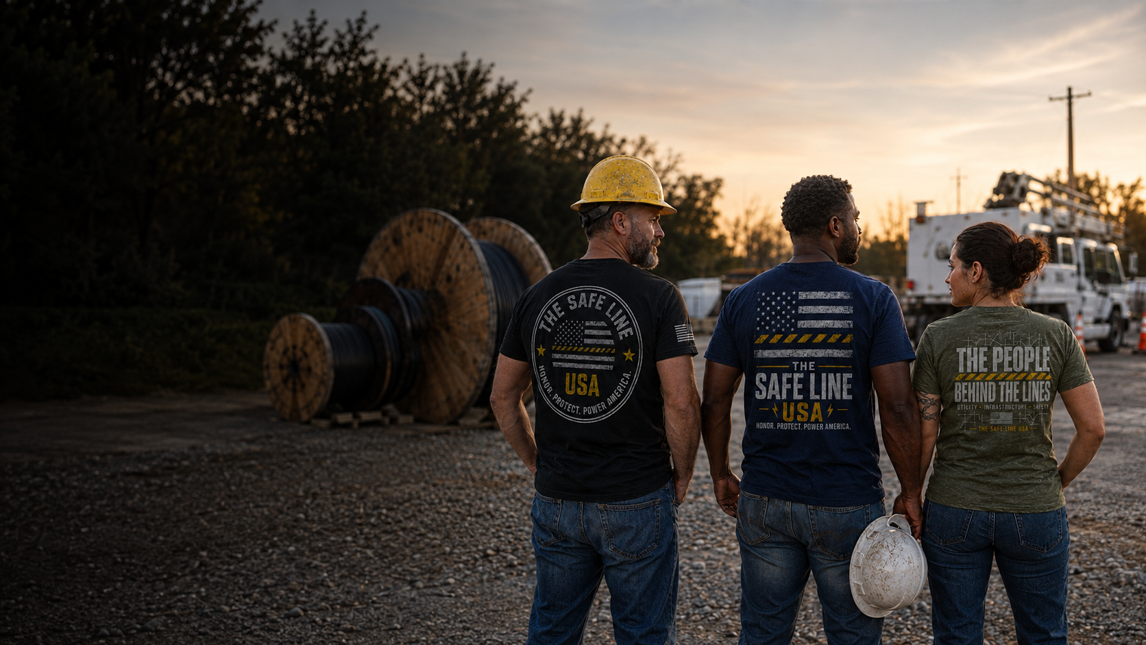 Three utility professionals wearing The Safe Line USA Industry, Safety Flag, and People Behind the Lines tees at a utility worksite