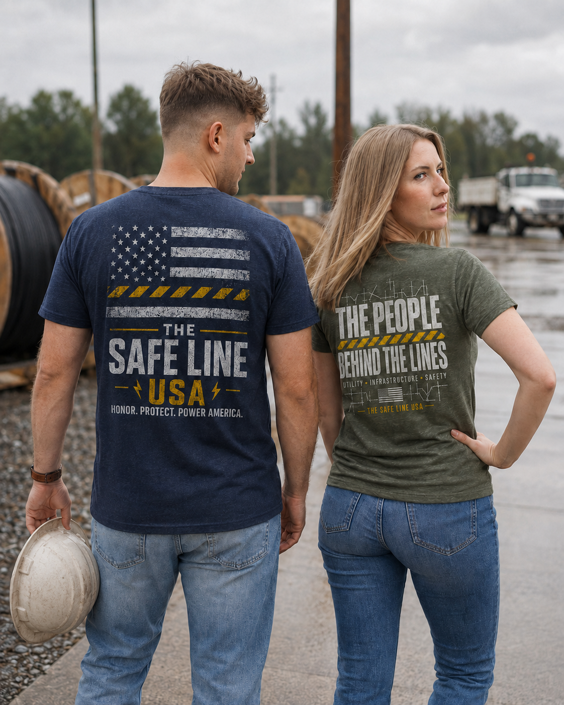 Utility professionals wearing The Safety Flag Tee and The People Behind the Lines Tee at a utility yard